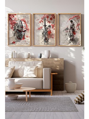 Tontilika Samuray Savaşçıları 3 Parçalı Ahşap Çerçeveli Tablo Seti