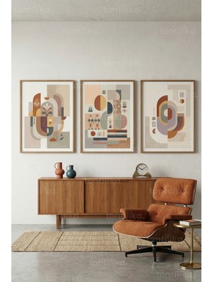 Tontilika Soyut Modern Geometrik Formlar 3’lü Ahşap Çerçeveli Tablo Seti