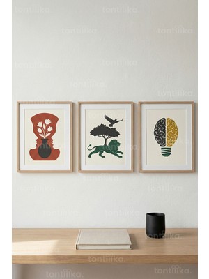 Tontilika Sembolizm & Düşünce Figürleri 3’lü Ahşap Çerçeveli Tablo Seti - Modern Duvar Dekoru