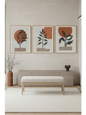 Tontilika Minimalist Soyut Bitki Temalı 3’lü Ahşap Çerçeveli Tablo Seti
