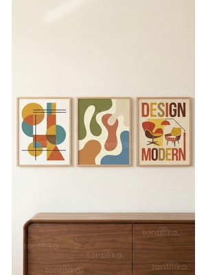 Tontilika Modern Geometrik ve Retro Formlar Temalı 3’lü Ahşap Çerçeveli Tablo Seti
