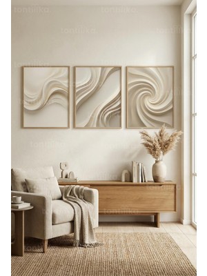 Tontilika Soyut Bej Dalgalar 3’lü Ahşap Çerçeveli Tablo Seti