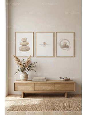 Tontilika Zen Taşları ve Doğal Denge 3’lü Ahşap Çerçeveli Tablo Seti