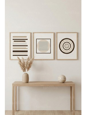 Tontilika Minimal Geometrik Formlar 3’lü Ahşap Çerçeveli Tablo Seti - Modern Duvar Dekoru
