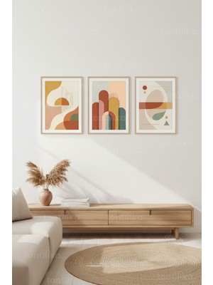 Tontilika Çağdaş Sakin Toprak Tonları Geometrik Soyut 3’lü Ahşap Çerçeveli Tablo Seti