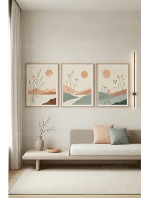 Tontilika Modern Minimalist Peyzaj ve Bitki Motifli 3’lü Ahşap Çerçeveli Tablo Seti