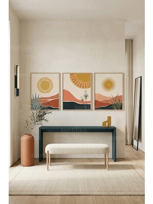 Tontilika Modern Çöl Güneşi ve Bitkileri 3’lü Ahşap Çerçeveli Tablo Seti