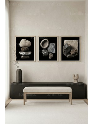 Tontilika Doğal Taş Dokulu Organik Formlar 3’lü Ahşap Çerçeveli Tablo Seti