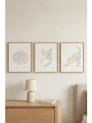 Tontilika Minimal Kedi Illüstrasyonları 3’lü Ahşap Çerçeveli Tablo Seti - Soft Modern Duvar Dekoru