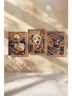 Tontilika Renkli Hayvan Portreleri 3 Parçalı Ahşap Çerçeveli Tablo Seti