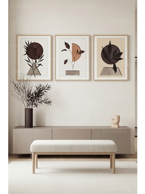 Tontilika Modern Minimalist Soyut Botanik Desenler 3’lü Ahşap Çerçeveli Tablo Seti