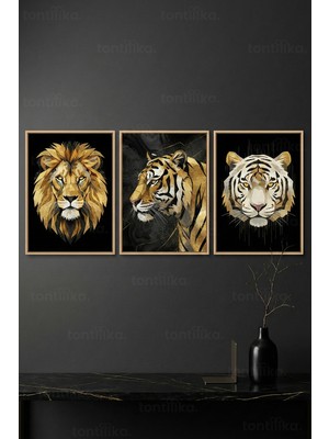 Tontilika Altın Detaylı Vahşi Hayvanlar 3’lü Ahşap Çerçeveli Tablo Seti - Cesur Modern Duvar Dekoru