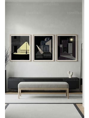 Tontilika Minimal Gece Manzaraları 3’lü Ahşap Çerçeveli Tablo Seti