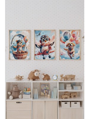 Tontilika Uçan Hayvanlar Temalı Ahşap Çerçeveli 3'lü Tablo Seti