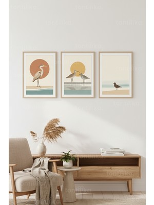 Tontilika Minimalist Sahil Kuşları Gün Batımı 3’lü Ahşap Çerçeveli Tablo Seti
