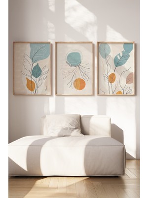 Tontilika Soyut Yaprak ve Geometrik Formlar 3 Parçalı Ahşap Çerçeveli Tablo Seti