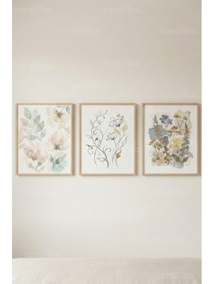 Tontilika Pastel Çiçekler Minimal 3’lü Ahşap Çerçeveli Tablo Seti