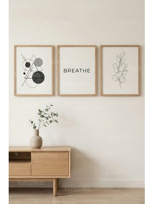 Tontilika Minimal Geometrik ve Ilham Verici Söz 3’lü Ahşap Çerçeveli Tablo Seti
