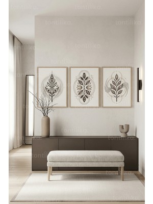 Tontilika Minimalist Bitkisel ve Geometrik Desenli 3’lü Ahşap Çerçeveli Tablo Seti