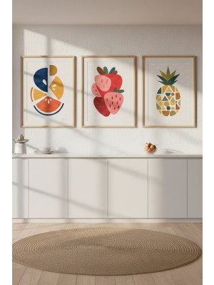 Tontilika Minimalist Meyve Illüstrasyonu 3’lü Ahşap Çerçeveli Tablo Seti
