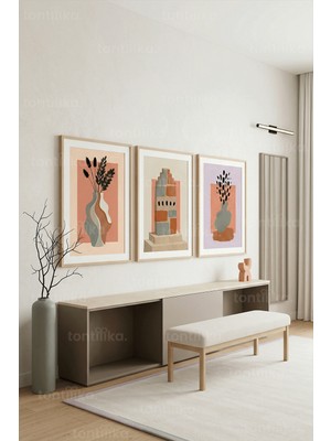 Tontilika Çağdaş Sanat Vazo ve Bitki Tasarımlı 3’lü Ahşap Çerçeveli Tablo Seti