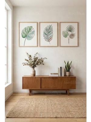 Tontilika Minimalist Tropikal Yaprak Tasarımlı 3’lü Ahşap Çerçeveli Tablo Seti