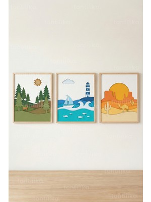 Tontilika Doğa Manzaraları 3’lü Ahşap Çerçeveli Tablo Seti