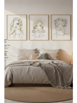 Tontilika Kadın Portre Çizimli 3’lü Modern Ahşap Çerçeveli Tablo Seti - Yatak Odası Dekoru