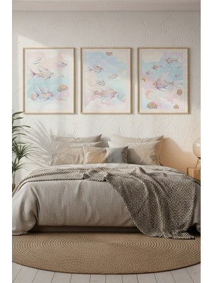 Tontilika Gökyüzünde Uçan Balıklar 3’lü Ahşap Çerçeveli Tablo Seti - Hayalperest Yatak Odası Dekoru