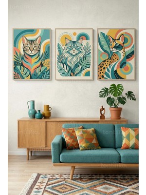 Tontilika Tropikal Kedi Sanatı 3’lü Ahşap Çerçeveli Tablo Seti