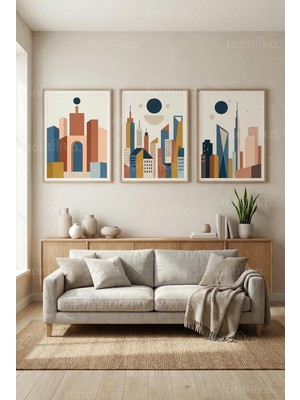 Tontilika Soyut Geometrik Şehir Manzaraları 3’lü Ahşap Çerçeveli Tablo Seti