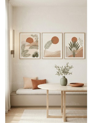 Tontilika Bohem Minimalist Doğal Tonlarda Soyut Peyzajlar 3’lü Ahşap Çerçeveli Tablo Seti