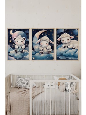 Tontilika Gece Masalı 3’lü Ahşap Çerçeveli Dekoratif Tablo Seti – Panda, Tavşan ve Kuzu