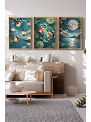 Tontilika Japon Kültürü Koi Balıkları 3 Parçalı Ahşap Çerçeveli Tablo Seti