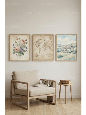 Tontilika Vintage Doğa ve Yolculuk Temalı 3’lü Ahşap Çerçeveli Tablo Seti