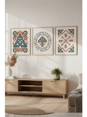 Tontilika Viking Sembolleri 3lü Ahşap Çerçeveli Tablo Seti - Iskandinav Kültür ve Mitoloji