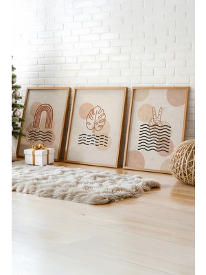 Tontilika Soyut Minimalist 3 Parçalı Ahşap Çerçeveli Tablo Seti