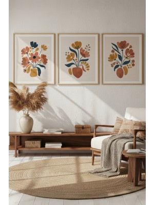 Tontilika Minimalist Çiçek Illüstrasyonu 3’lü Ahşap Çerçeveli Tablo Seti