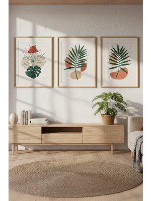 Tontilika Minimalist Yaprak Illüstrasyonu 3’lü Ahşap Çerçeveli Tablo Seti