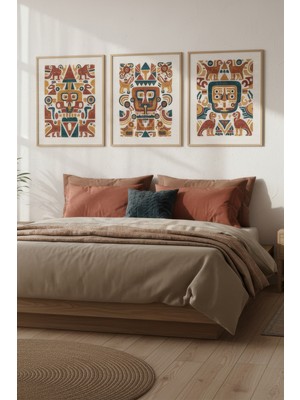 Tontilika Aztek Tribal Desen 3’lü Ahşap Çerçeveli Tablo Seti