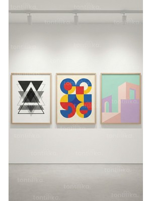 Tontilika Modern Geometric Abstract 3’lü Ahşap Çerçeveli Tablo Seti