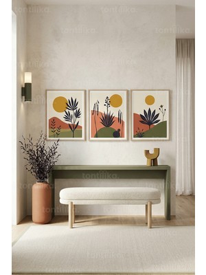 Tontilika Modern Botanik Manzaralar 3’lü Ahşap Çerçeveli Tablo Seti