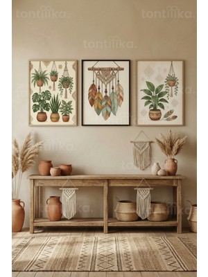 Tontilika Bohem Bitki ve Makrome Desenli 3’lü Ahşap Çerçeveli Tablo Seti
