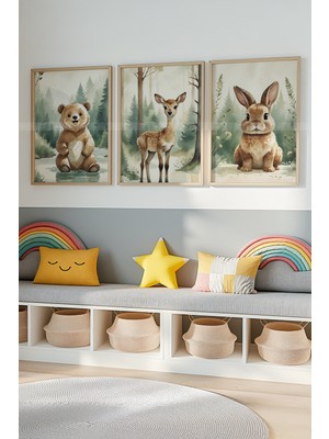 Tontilika Orman Hayvanları 3’lü Ahşap Çerçeveli Dekoratif Tablo Seti – Ayı, Geyik ve Tavşan