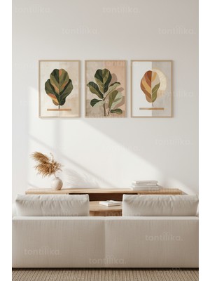 Tontilika Modern Botanik Stilize Bitki Yaprakları 3’lü Ahşap Çerçeveli Tablo Seti