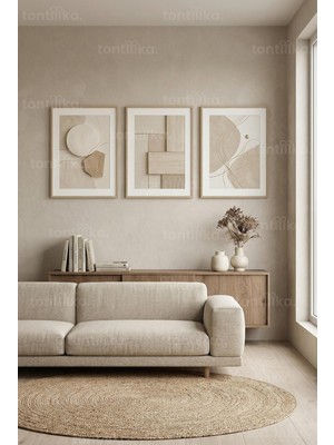 Tontilika Doğal Minimalist Soyut Formlar 3’lü Ahşap Çerçeveli Tablo Seti