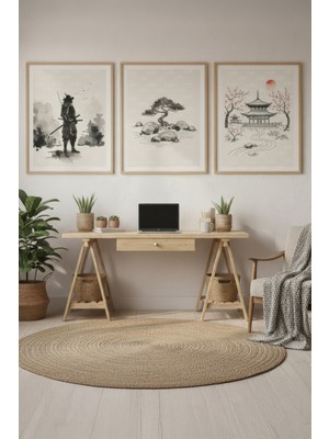 Tontilika Samuray Japon Tapınak ve Bonsai 3’lü Ahşap Çerçeveli Tablo Seti - Asya Kültürü Duvar Dekoru