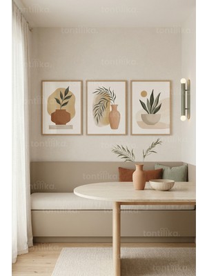 Tontilika Doğal Botanik Soyut Bitki ve Vazo 3’lü Ahşap Çerçeveli Tablo Seti