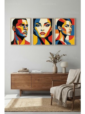 Tontilika Renkli Geometrik Soyut Portre 3’lü Ahşap Çerçeveli Tablo Seti