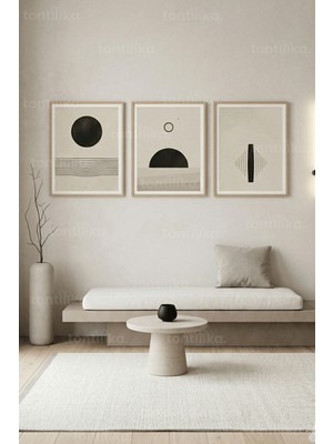 Tontilika Nötr Tonlarda Soyut Geometrik Minimalist 3’lü Ahşap Çerçeveli Tablo Seti